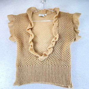 Vintage BEN GOODMAN Womens S Knit Ruffle Neck Deep V-Neck Short Sleeve Sweater
